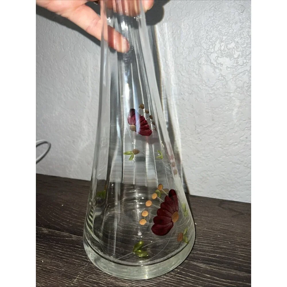 Hand Painted Glass Carafe with Cap, Decanter Vintage Romania Flowers Italy